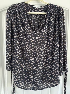 Navy and Blush Printed V-Neck Blouse